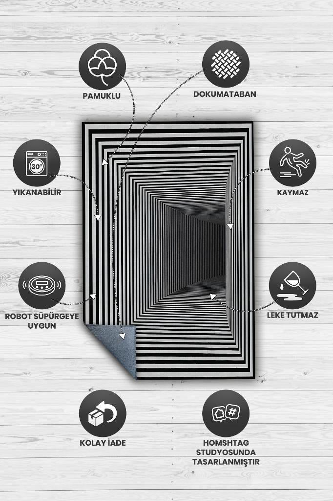 Tünel Dokuma Tabanlı Geometrik Halı Kareli Oturma Odası Halısı Siyah Beyaz Salon Halısı