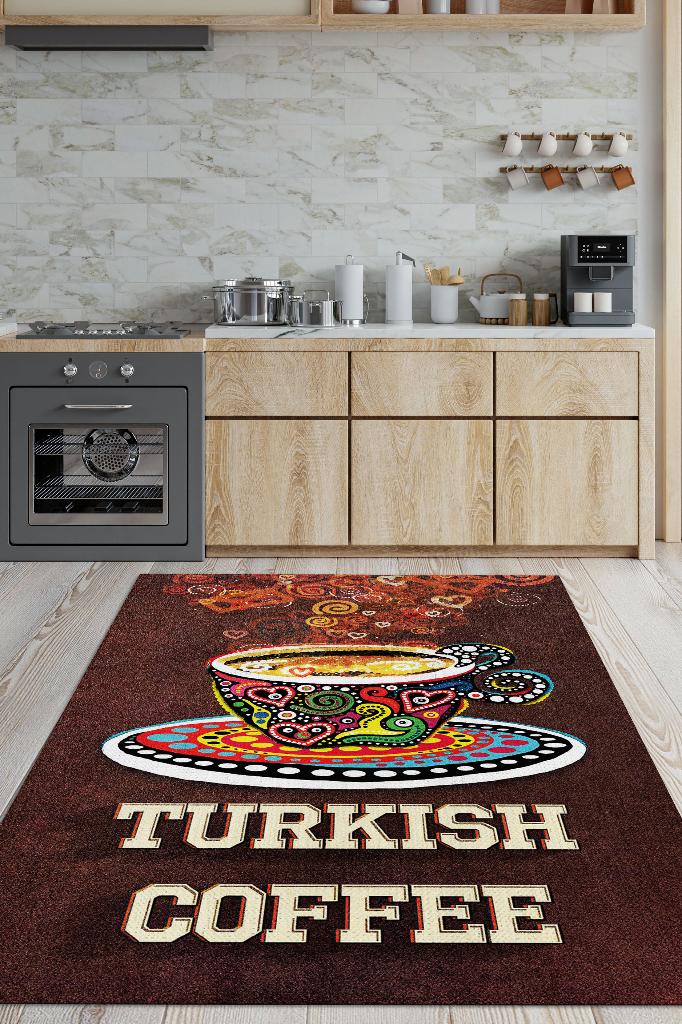 Türk Kahvesi Kahverengi Halı Etnik Desenli Mutfak Halısı Kahve Figürlü Sanatsal Halı