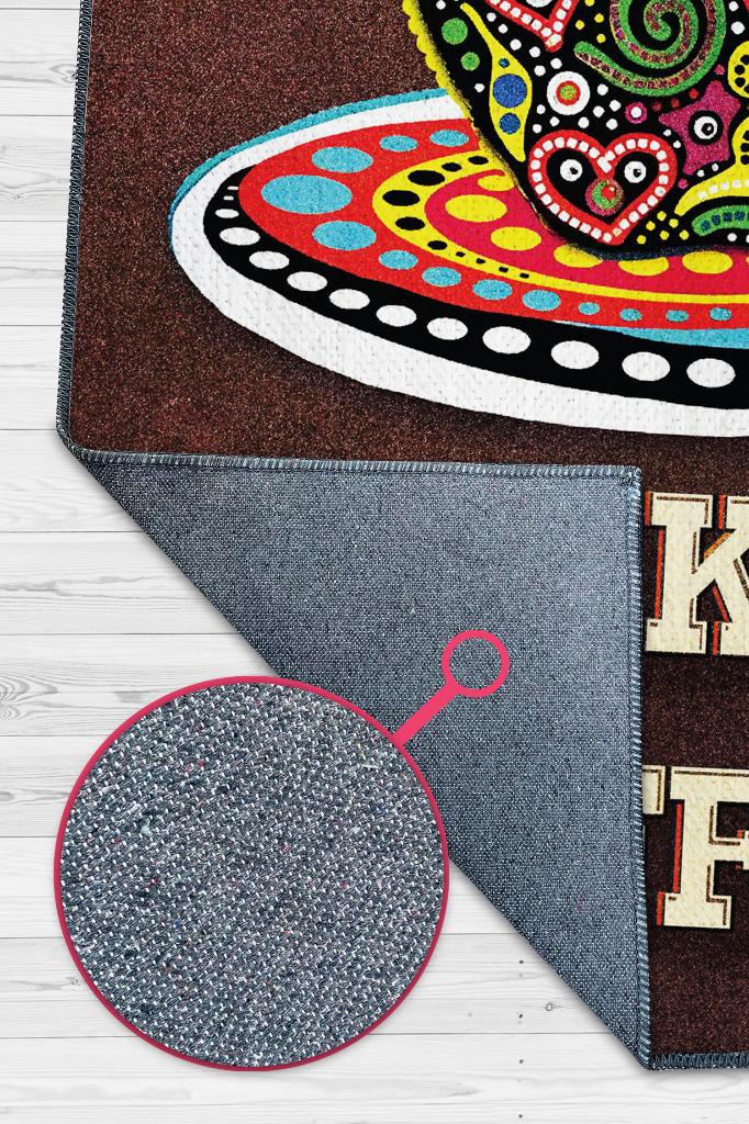Türk Kahvesi Kahverengi Halı Etnik Desenli Mutfak Halısı Kahve Figürlü Sanatsal Halı