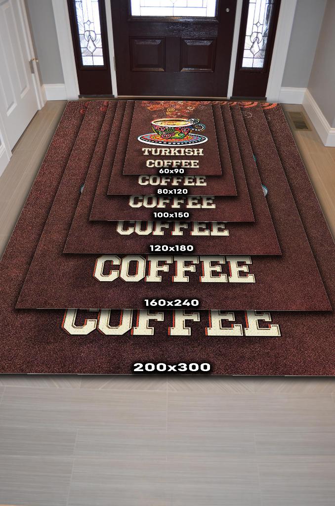 Türk Kahvesi Kahverengi Halı Etnik Desenli Mutfak Halısı Kahve Figürlü Sanatsal Halı