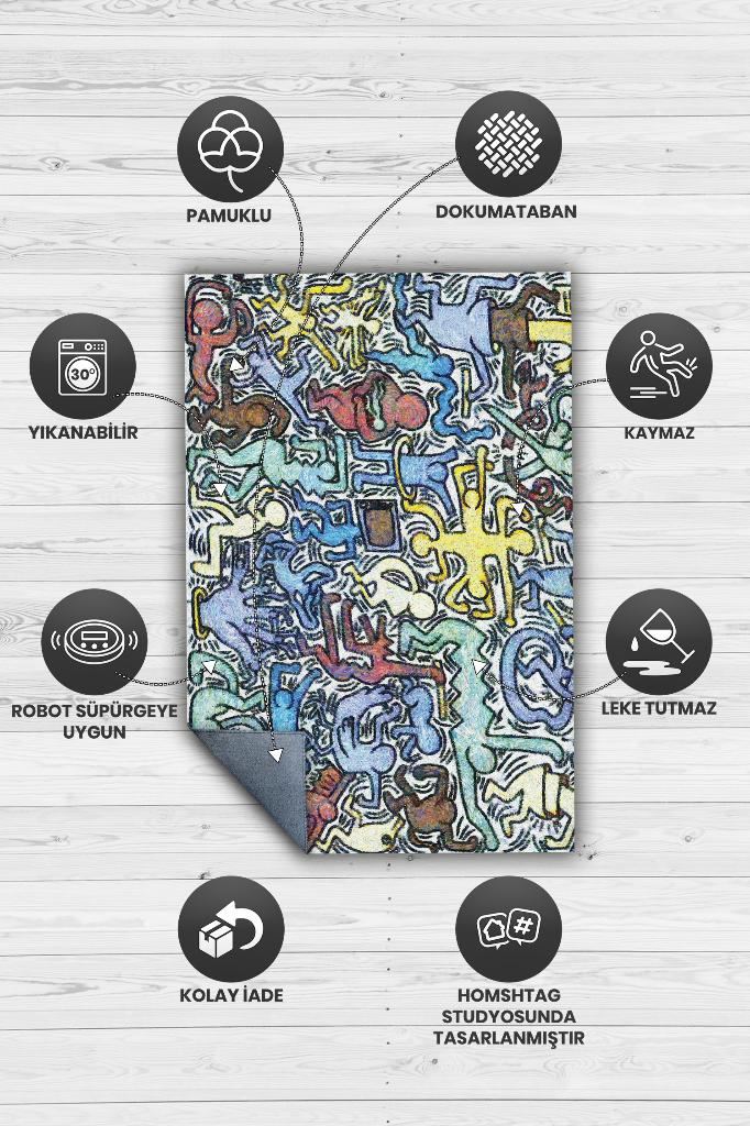 Tuttomondo Graffiti Temalı Renkli Hediyelik Genç Odası Halısı Geometrik Graffiti Halısı