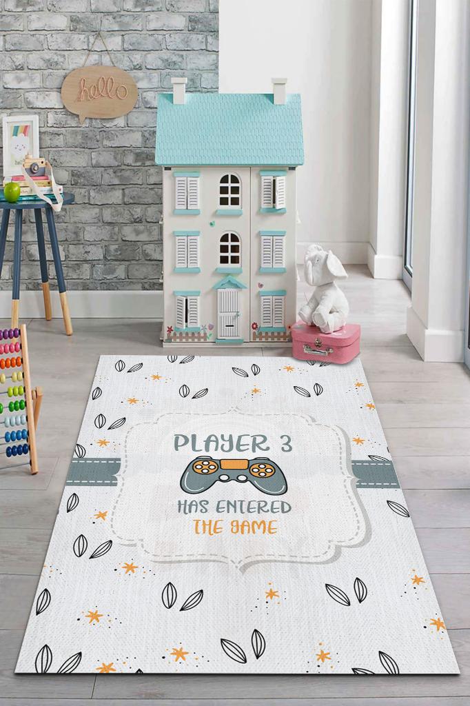Üçüncü Oyuncu Geldi Beyaz Renkli Çocuk Odası Halısı Minimal Çocuk Halısı Bebek Temalı Halı