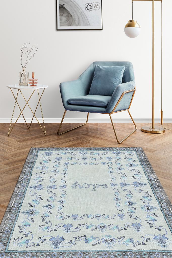 Umut Etnik Desenli Gölgeli Salon Halısı Mavi Renkli Oturma Odası Halısı Çiçek Temalı Halı