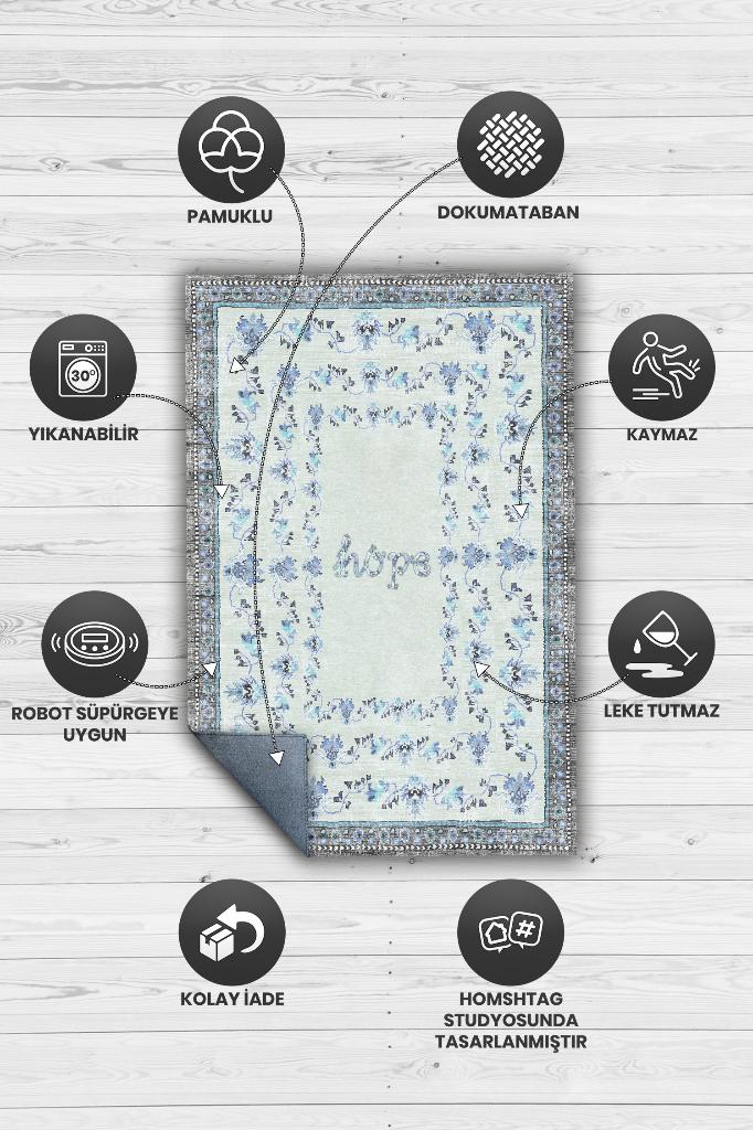 Umut Etnik Desenli Gölgeli Salon Halısı Mavi Renkli Oturma Odası Halısı Çiçek Temalı Halı