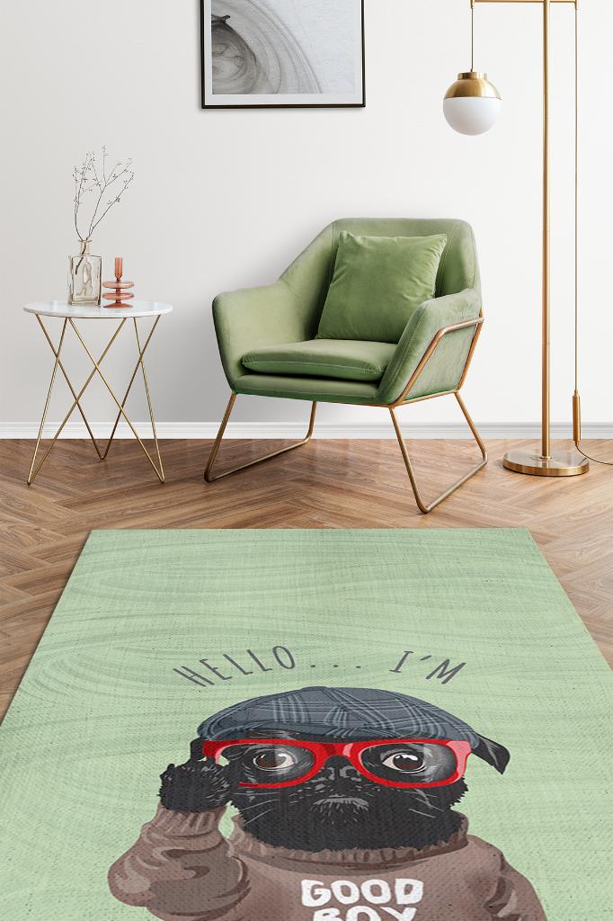 Uslu Çocuk Yeşil Renkli Köpek Baskılı Halı Sade Sade Oturma Odası Halısı Köpekli Halı