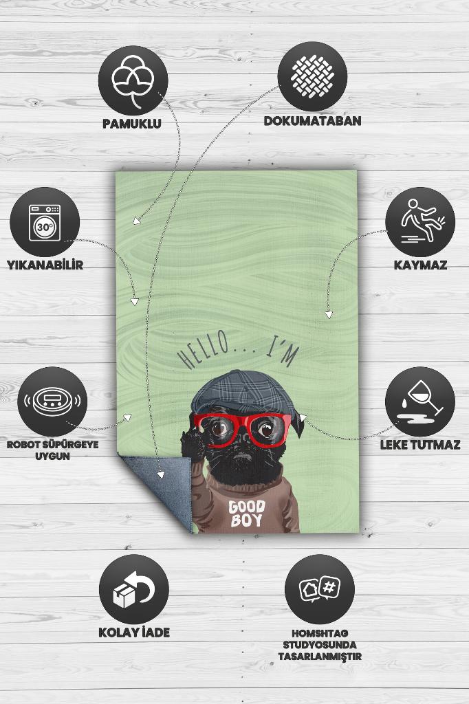 Uslu Çocuk Yeşil Renkli Köpek Baskılı Halı Sade Sade Oturma Odası Halısı Köpekli Halı