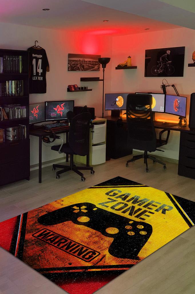 Uyarı Oyun Alanı Çok Renkli Oyuncu Halısı Zemini Siyah Renk Gamer Temalı Halı Oyuncuya Hediye