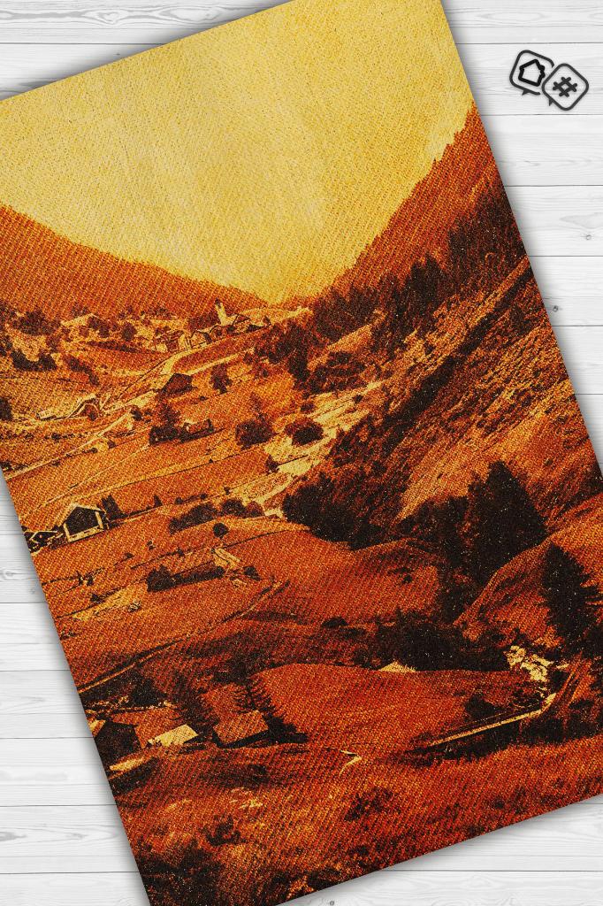 Vadi Turuncu Renkli Halı Manzara Temalı Figürlü Salon Halısı Dijital Baskılı Tasarım Halı