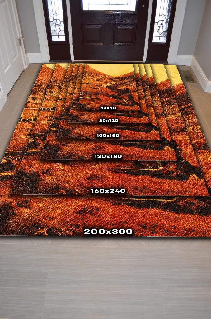 Vadi Turuncu Renkli Halı Manzara Temalı Figürlü Salon Halısı Dijital Baskılı Tasarım Halı