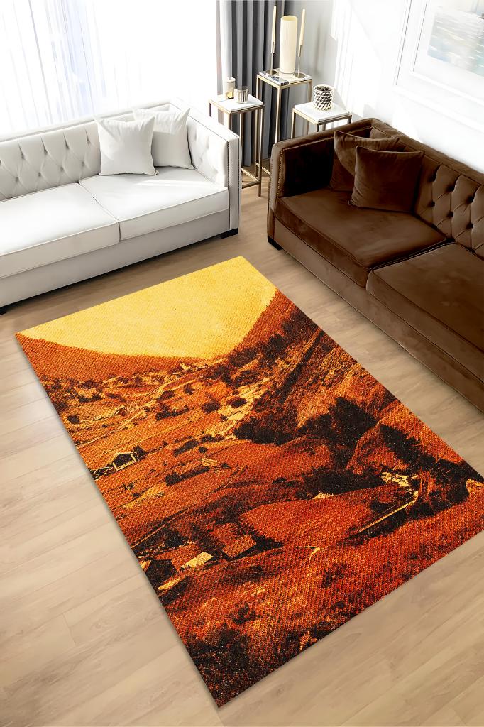 Vadi Turuncu Renkli Halı Manzara Temalı Figürlü Salon Halısı Dijital Baskılı Tasarım Halı