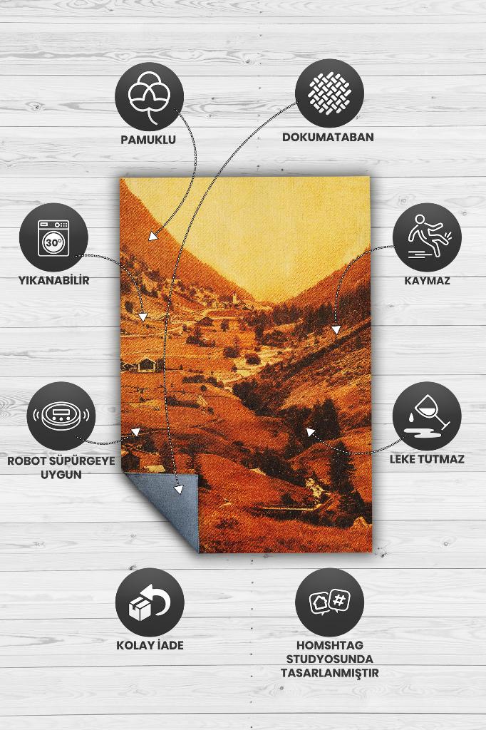 Vadi Turuncu Renkli Halı Manzara Temalı Figürlü Salon Halısı Dijital Baskılı Tasarım Halı