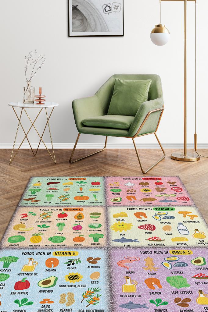 Vitaminler Çok Renkli Diyetisyen Halı Diyetisyen Ofisine Diyetisyen Temalı Hediye Halı