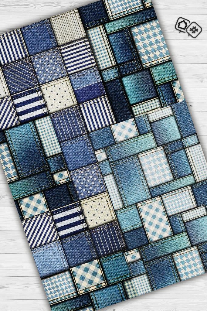 Yamalı Moda Patchwork Geometrik Halı Mavi Kareli Oturma Odası Halısı Renkli Salon Halısı