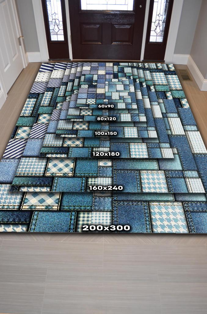 Yamalı Moda Patchwork Geometrik Halı Mavi Kareli Oturma Odası Halısı Renkli Salon Halısı