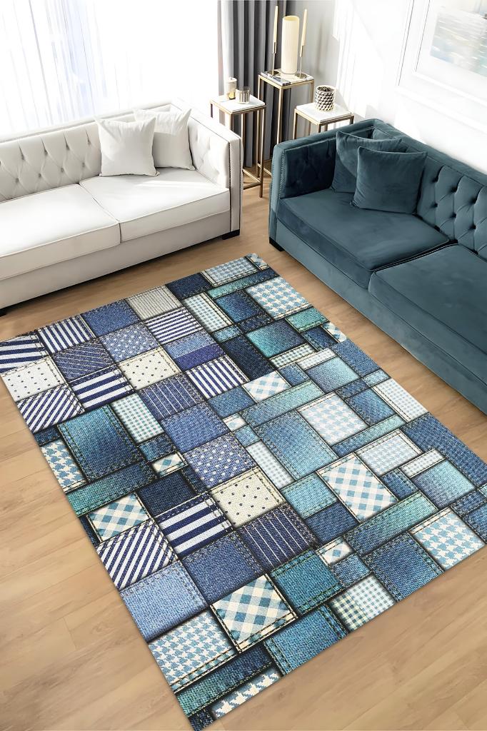 Yamalı Moda Patchwork Geometrik Halı Mavi Kareli Oturma Odası Halısı Renkli Salon Halısı