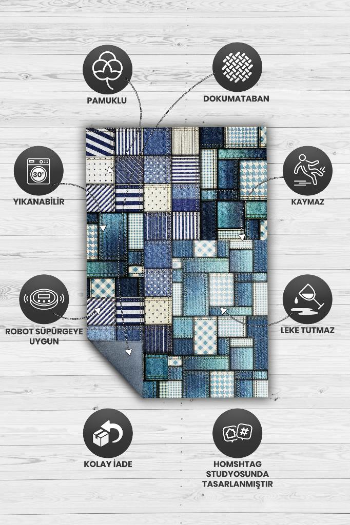 Yamalı Moda Patchwork Geometrik Halı Mavi Kareli Oturma Odası Halısı Renkli Salon Halısı