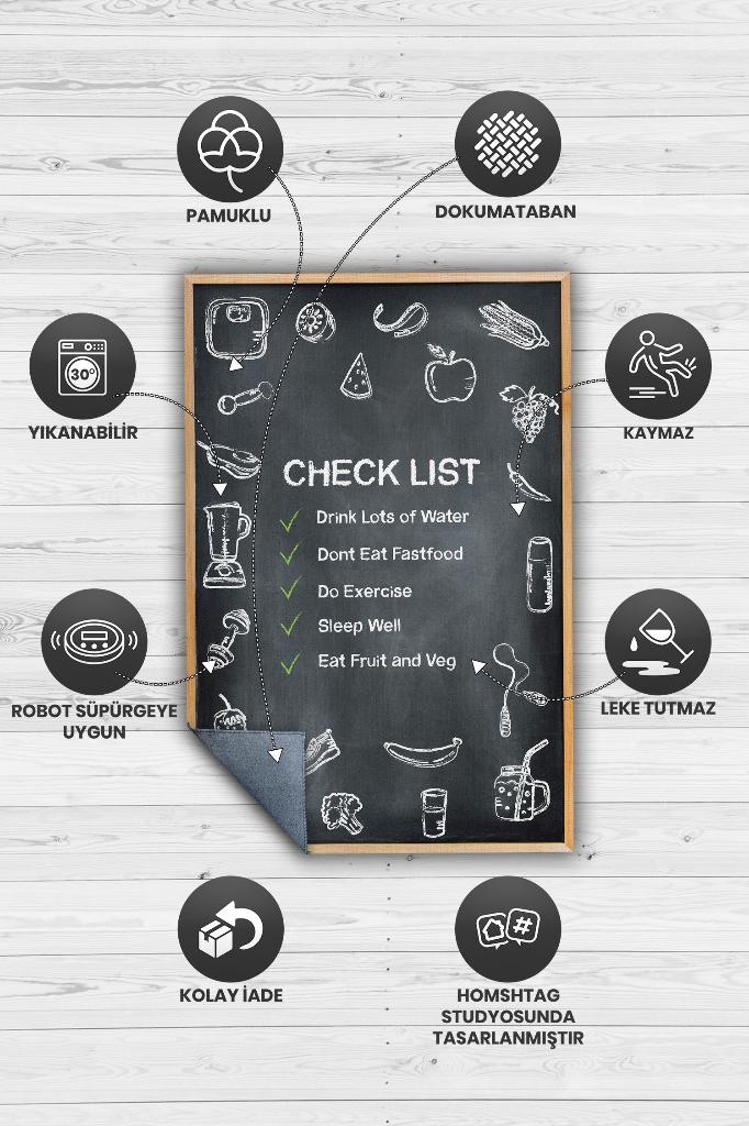 Yapılacaklar Siyah Renkli Halı Minimal Diyetisyen Ofisine Diyetisyen Temalı Hediye Halı