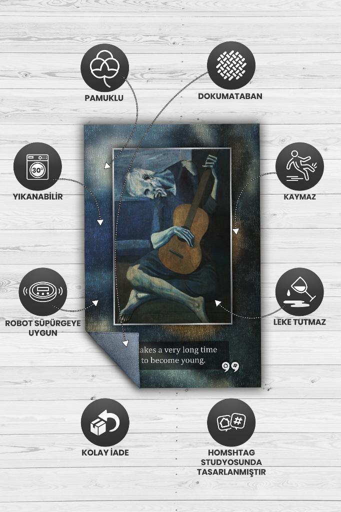 Yaşlı Gitarist Picasso Sanat Sever Halısı Çok Renkli Halı Tablo Temalı Halılar Sanat Halısı