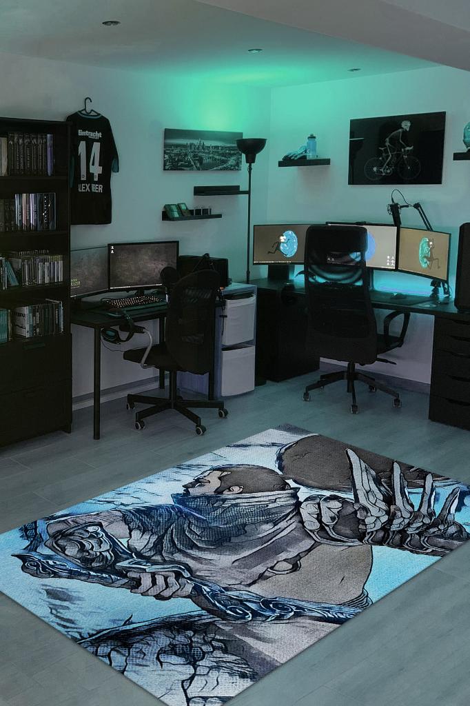 Yasuo Çok Renkli Oyuncu Halısı Zemini Mavi Renk Gamer Temalı League Of Legends Sever Halı