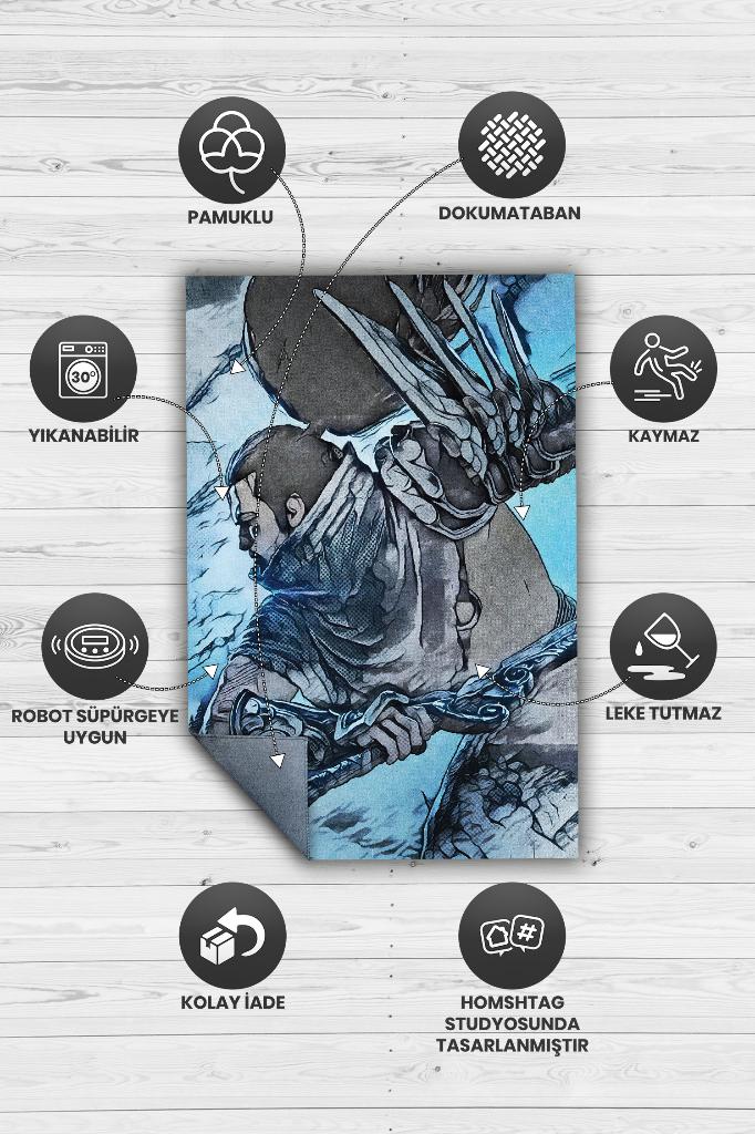 Yasuo Çok Renkli Oyuncu Halısı Zemini Mavi Renk Gamer Temalı League Of Legends Sever Halı