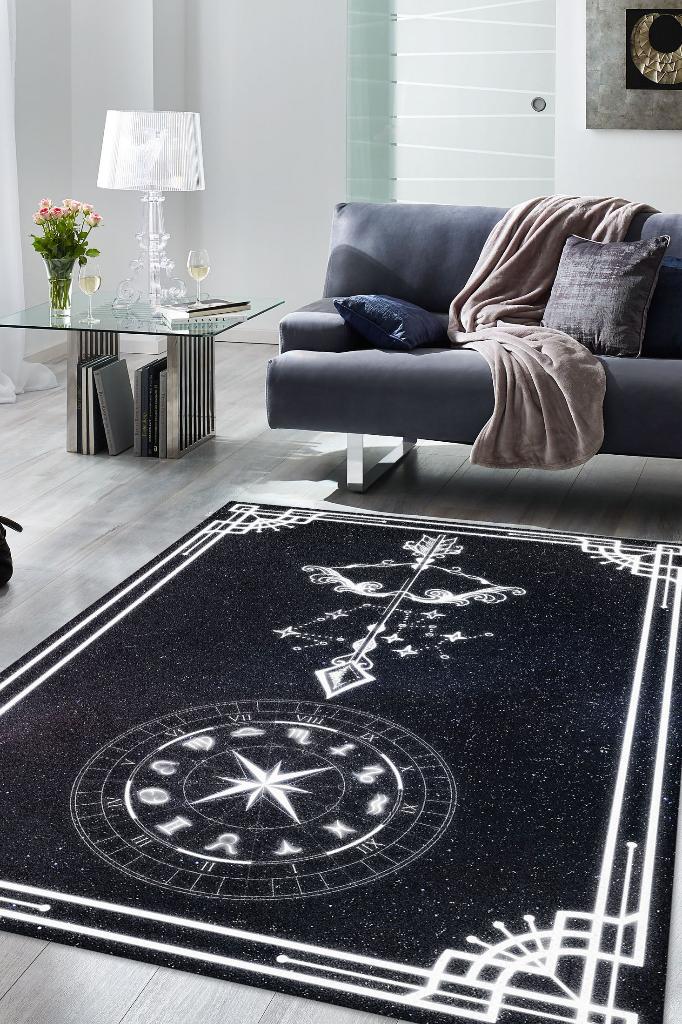 Yay Burcu Astroloji Temalı Halı Burç Halısı Yay Burcuna Hediyelik Halı Siyah Renk Halı