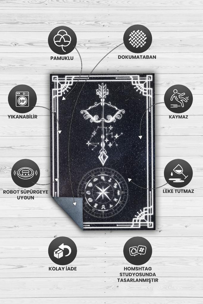 Yay Burcu Astroloji Temalı Halı Burç Halısı Yay Burcuna Hediyelik Halı Siyah Renk Halı