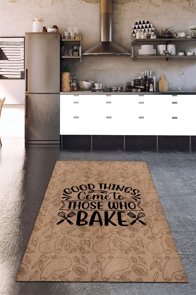 Yemek Yap Mutlu Ol Kahve Renkli Mutfak Halısı Yazılı Modern Halı Mutfak Temalı Figürlü Halı
