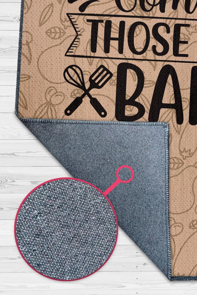 Yemek Yap Mutlu Ol Kahve Renkli Mutfak Halısı Yazılı Modern Halı Mutfak Temalı Figürlü Halı