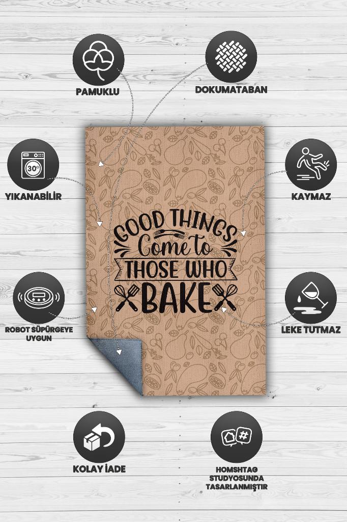 Yemek Yap Mutlu Ol Kahve Renkli Mutfak Halısı Yazılı Modern Halı Mutfak Temalı Figürlü Halı