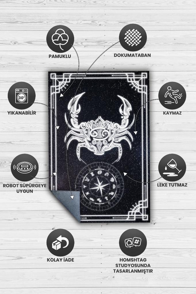 Yengeç Burcu Astroloji Temalı Halı Burç Halısı Yengeç Burcuna Hediye Halı Siyah Renk Halı