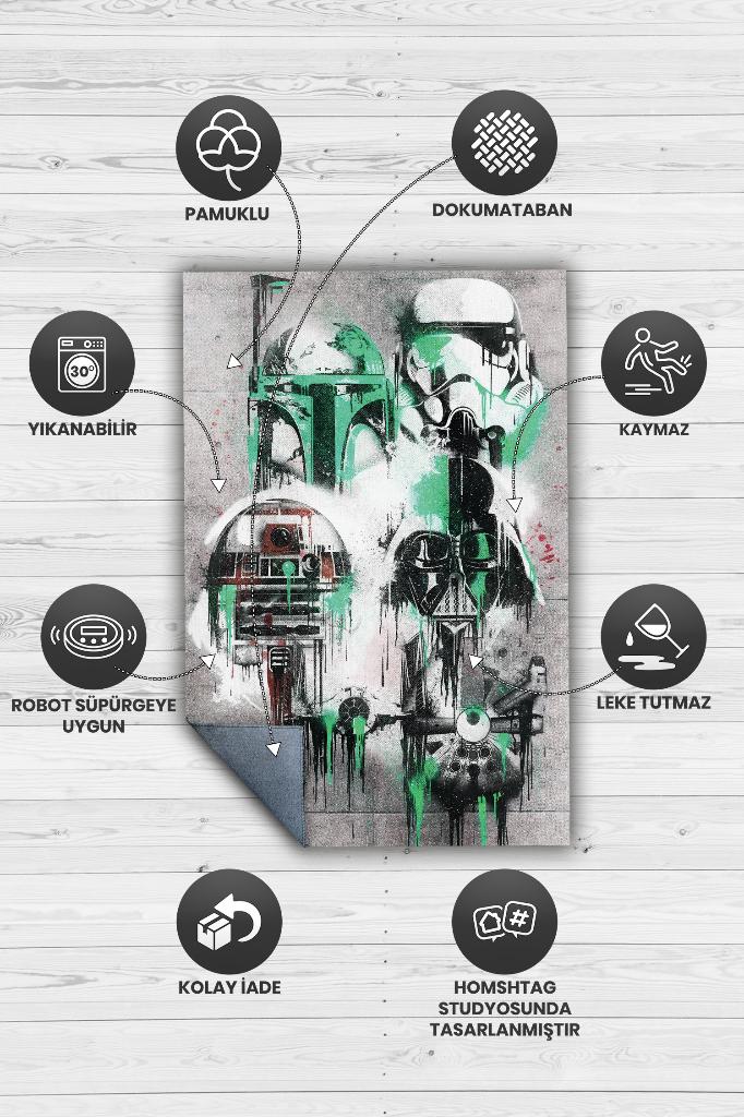 Yıldız Karakterler Film Halısı Star Wars Temalı Film Halısı Gri Renkli Star Wars Filmi Halı
