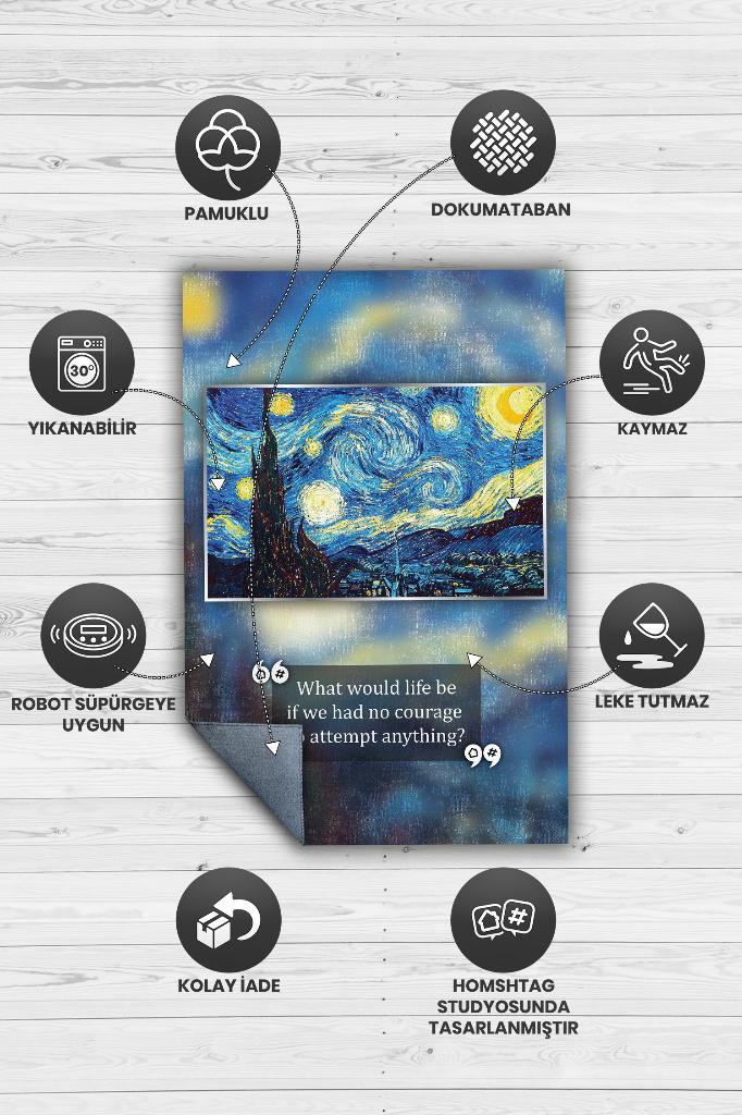 Yıldızlı Gece Van Gogh Sanat Sever Halısı Çok Renkli Halı Tablo Temalı Halılar Sanat Halısı