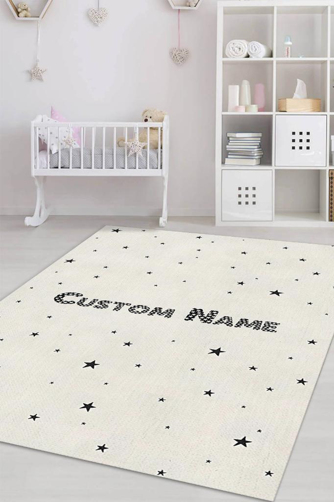 Yıldızlı İsimli Kişiye Özel Kişiselleştirilebilir Dokuma Tabanlı Yıkanabilir Dekoratif Ev Halısı