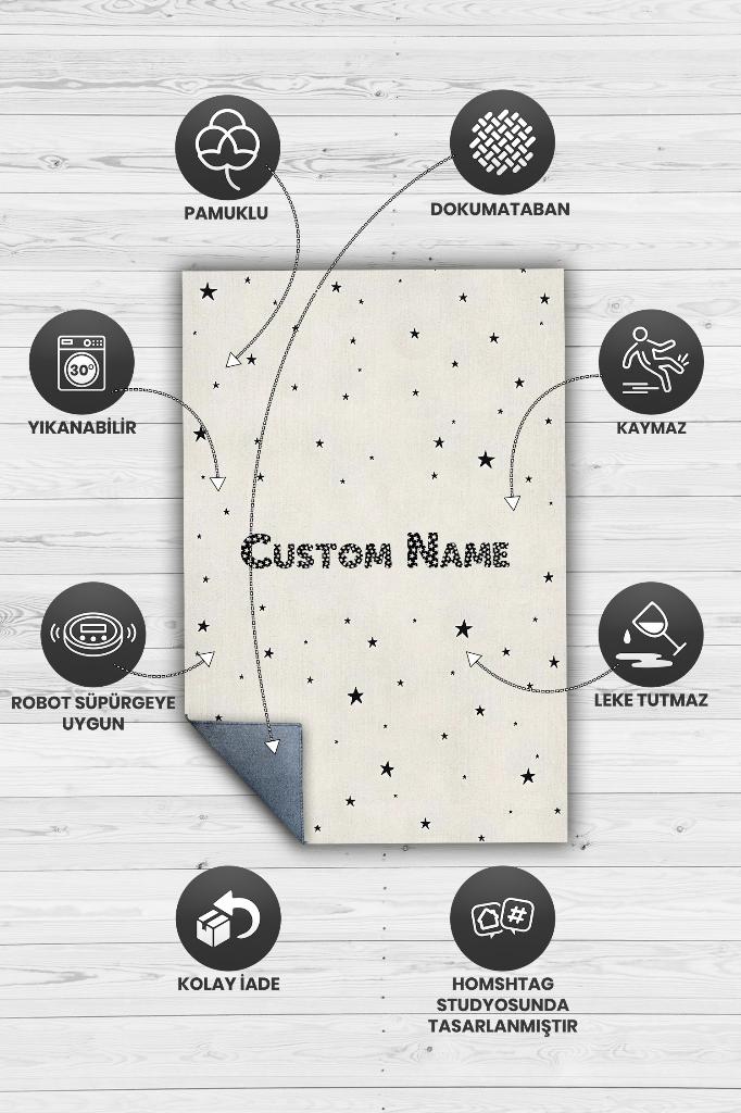 Yıldızlı İsimli Kişiye Özel Kişiselleştirilebilir Dokuma Tabanlı Yıkanabilir Dekoratif Ev Halısı