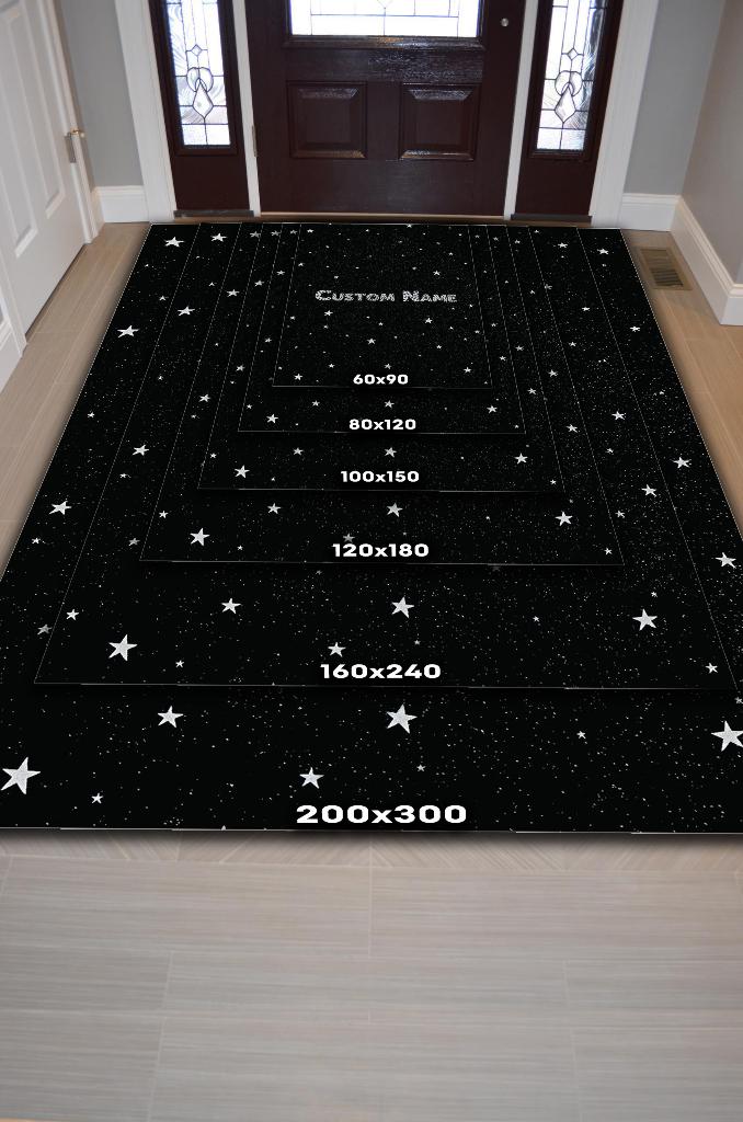 Yıldızlı İsimli Kişiye Özel Kişiselleştirilebilir Dokuma Tabanlı Yıkanabilir Dekoratif Ev Halısı