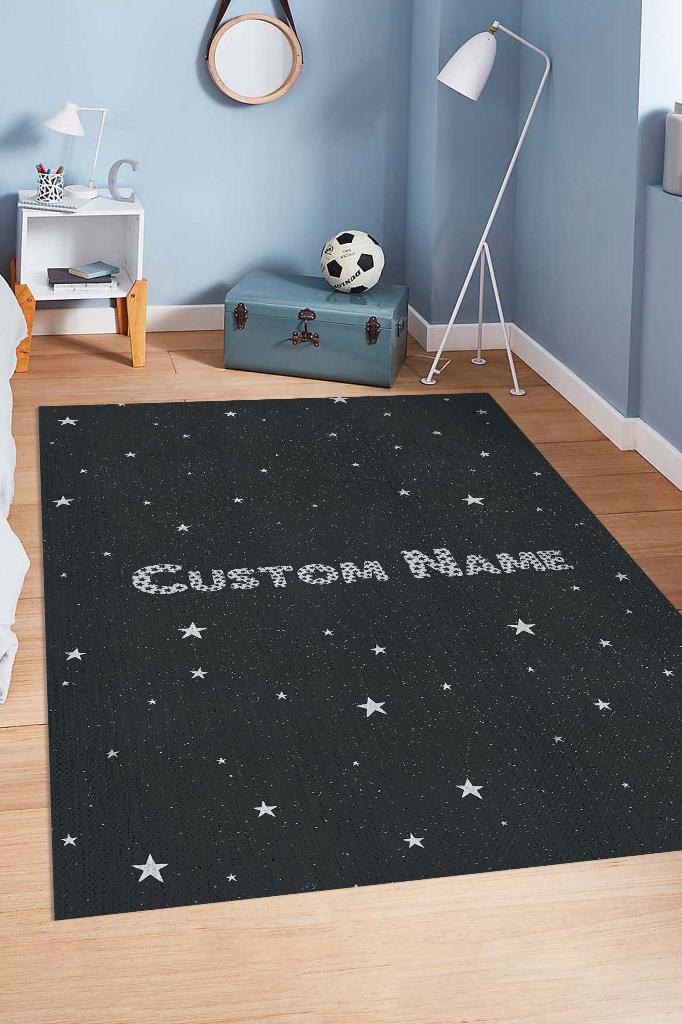 Yıldızlı İsimli Kişiye Özel Kişiselleştirilebilir Dokuma Tabanlı Yıkanabilir Dekoratif Ev Halısı