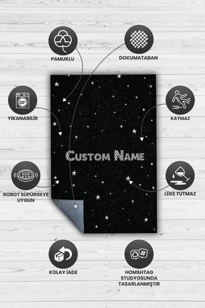 Yıldızlı İsimli Kişiye Özel Kişiselleştirilebilir Dokuma Tabanlı Yıkanabilir Dekoratif Ev Halısı