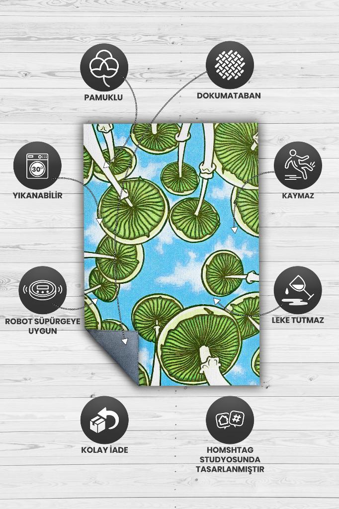 Homshtag Yukarı Bakış Renkli Mantarlı Mutfak Halısı Yeşil Mantar Baskılı Özel Tasarım Halı