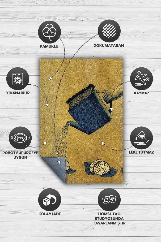 Zihnini Besle Sarı Renkli Kitap Sever Halısı Okuma Sever Çalışma Odası Halısı