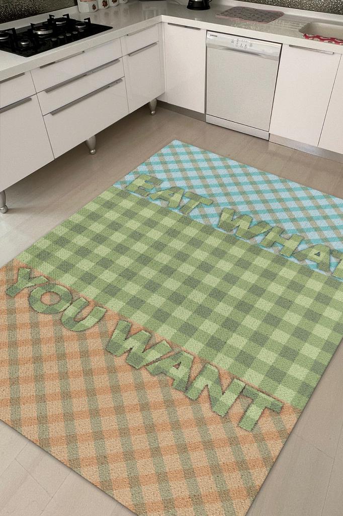 İstediğini Ye Çok Renkli Mutfak Halısı Yazılı Dekoratif Halı Geometrik Mutfak Temalı Halısı