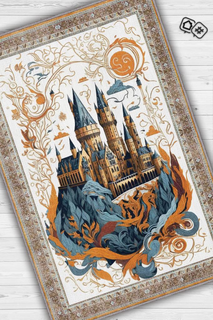 Hogwarts Rüyası Bordürlü İran Halısı Tarzı  Mavi Turuncu Bej Renkli  Harry Potter Halısı Tasarım Çocuk Halısı