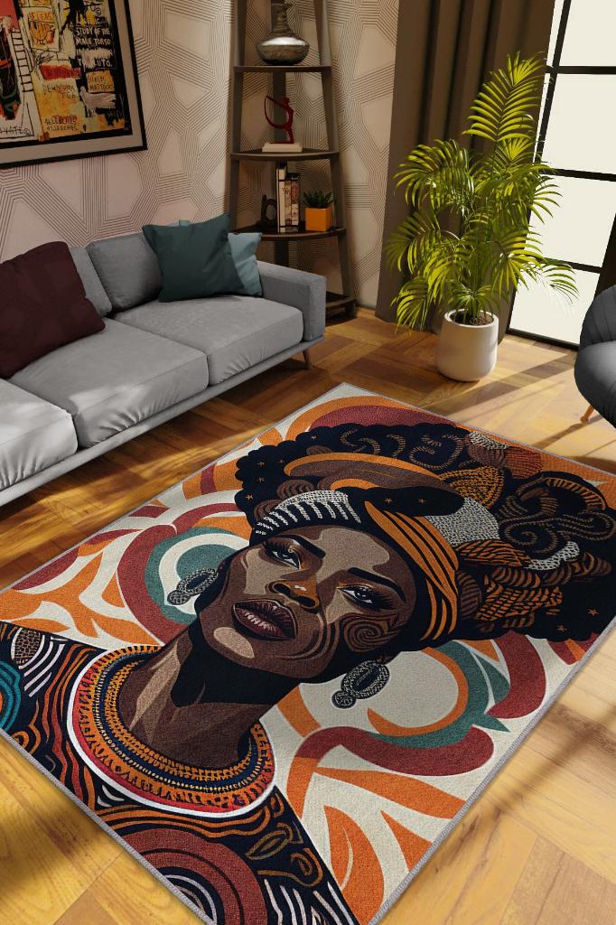 Afrikalı Kadın,Renkli Dekoratif Etnik Halı,Kadın Figürlü Renkli Sanat Odası Halısı,Afrika Desensi Turuncu Halı