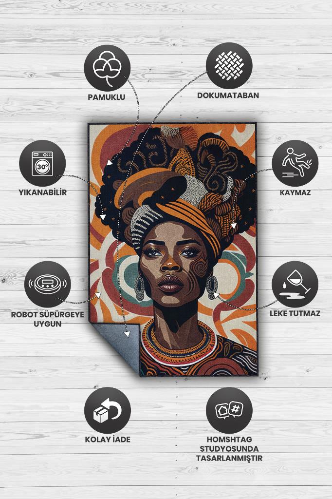 Afrikalı Kadın,Renkli Dekoratif Etnik Halı,Kadın Figürlü Renkli Sanat Odası Halısı,Afrika Desensi Turuncu Halı