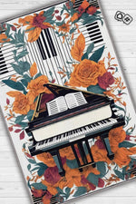 Art Deco Piyano Halısı,Piyano Önü Halısı Çiçekli Müzik Halısı,Çocuklara Piyanoyu Sevdiren Halı,Sanat Halısı