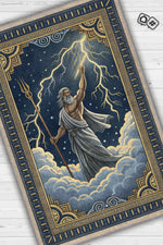 Art Deko Renkli Zeus Temalı Mavi Renkli Halı Zeus Desenli Halı Modern Dijital Baskılı Halı