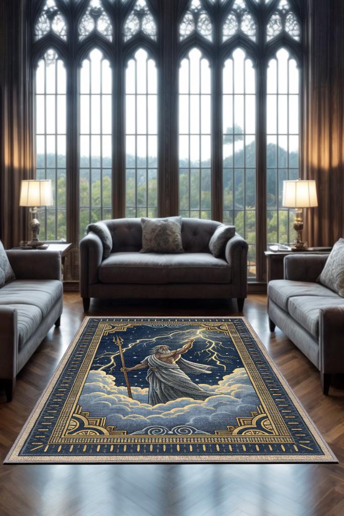 Art Deko Renkli Zeus Temalı Mavi Renkli Halı Zeus Desenli Halı Modern Dijital Baskılı Halı