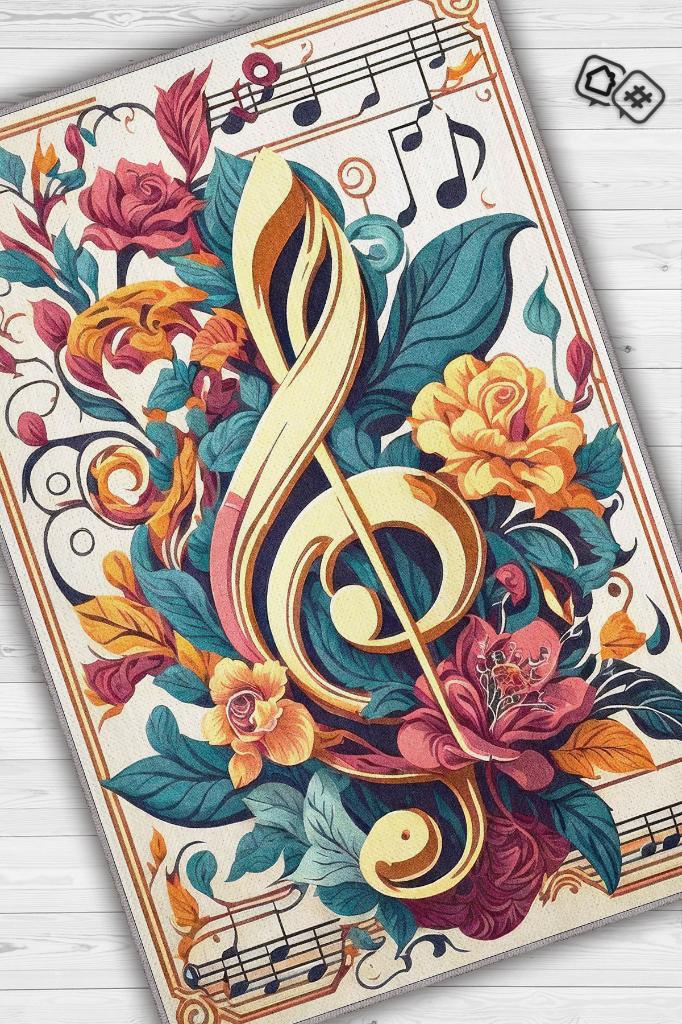 Çiçek Desenli Müzik Halısı,Sol Anahtarı ve Notalı Halı,Çok Renkli Krem Müzik Sever Halısı,Müzik Sınıfı Halısı