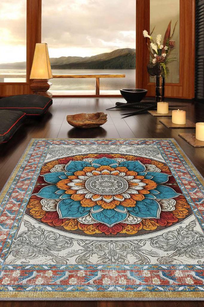 Çiçekli Mandala Halısı,Meditasyon Temalı Renkli Halı,Madala Desenli Vintage Halı,Yoga Halısı,Sipiritüel Halı