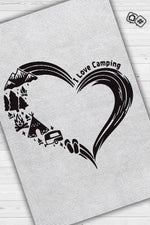 I Love Camping Kamp Hayatı Desenli Beyaz Halı, Çadır Halısı, Karavan Halısı, Kampçı Halısı, Seyahat Temalı Halı, Pamuklu Dokuma Tabanlı Yıkanabilir Dekoratif Halı