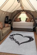 I Love Camping Kamp Hayatı Desenli Beyaz Halı, Çadır Halısı, Karavan Halısı, Kampçı Halısı, Seyahat Temalı Halı, Pamuklu Dokuma Tabanlı Yıkanabilir Dekoratif Halı